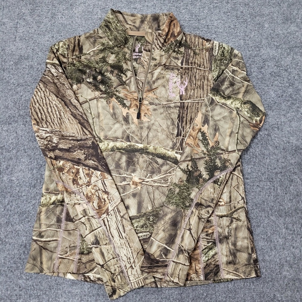 Huntworth Pullover Womens Size L Brown Oak Tree Camo 1/4 Zip Thumbhole 919-W-HDN